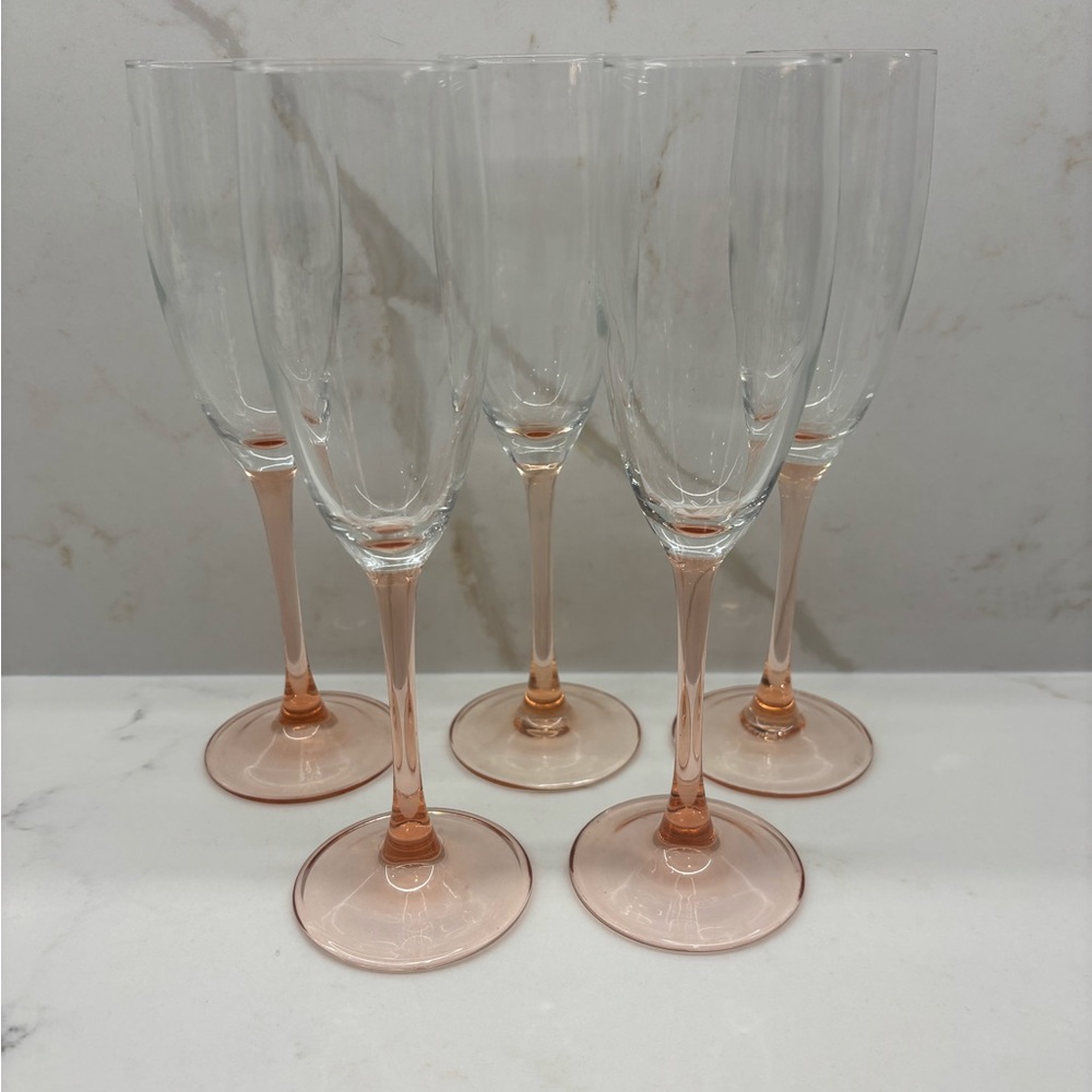 5 Vintage Luminarc Cristal D'Arques Rose Pattern Pink Stemmed Champagne Flutes